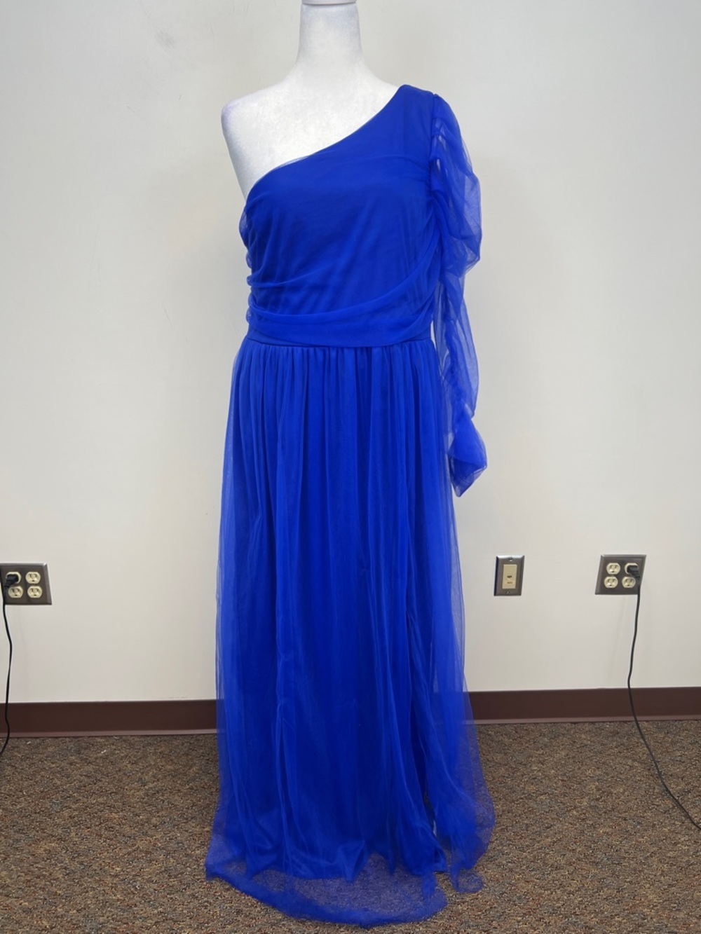 Elegant Women's Bright Blue One-Shoulder Formal Dress with Tulle Overlay Size 3X